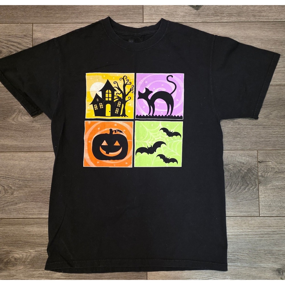 Ink Inc Women Medium T-Shirt Black Halloween Haunted House Cat Pumpkin Bats